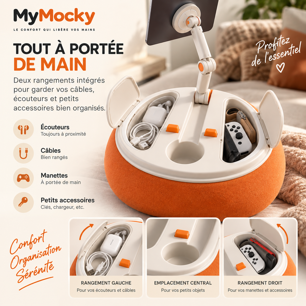 Compartiments de rangement intégrés du coussin support téléphone MyMocky