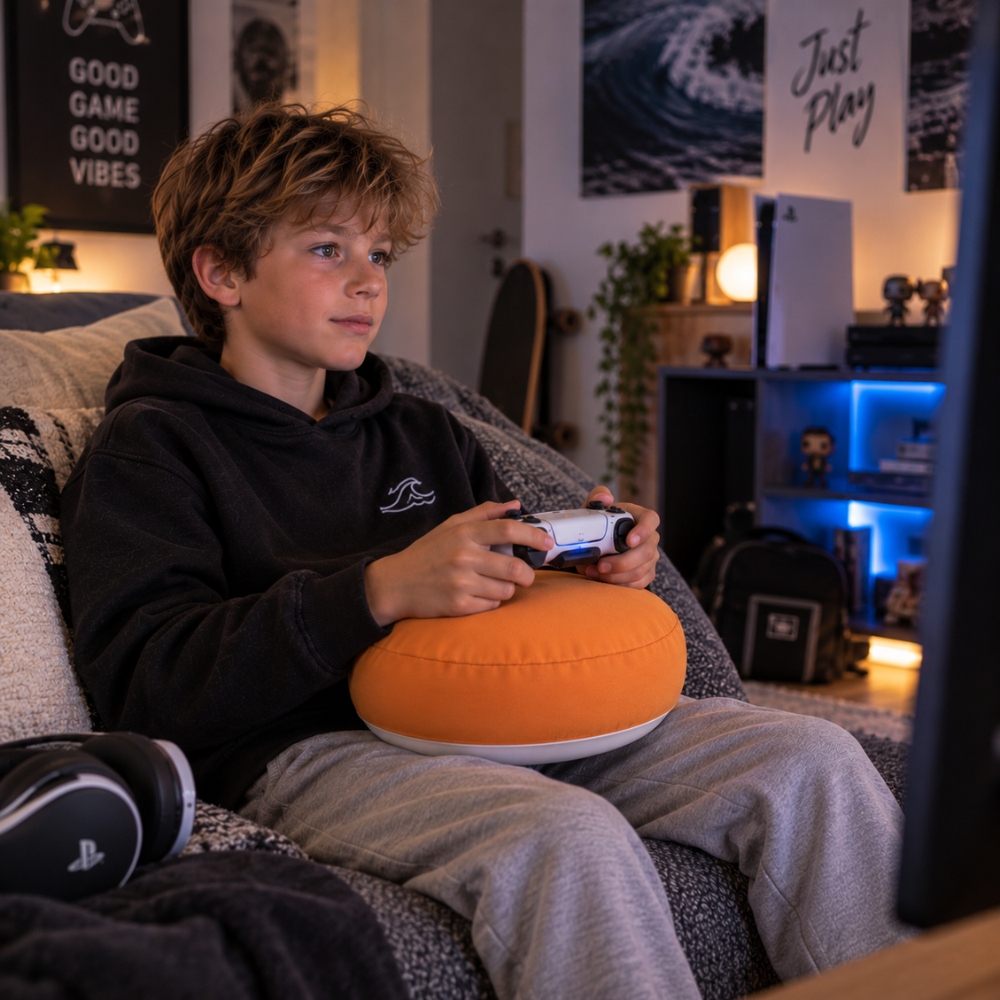 adolescent utilisant le coussin pour sa console de jeu