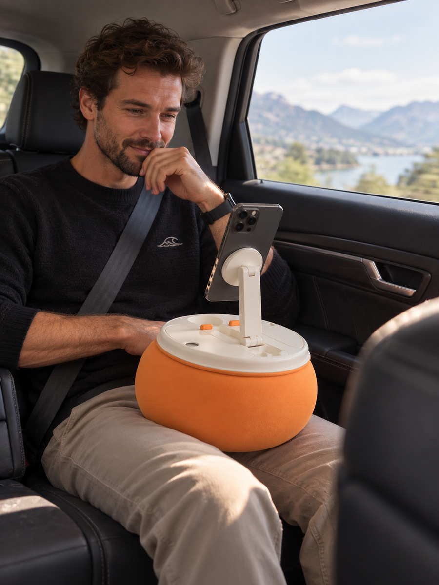 Coussin support téléphone MyMocky utilisé pendant un trajet en voiture